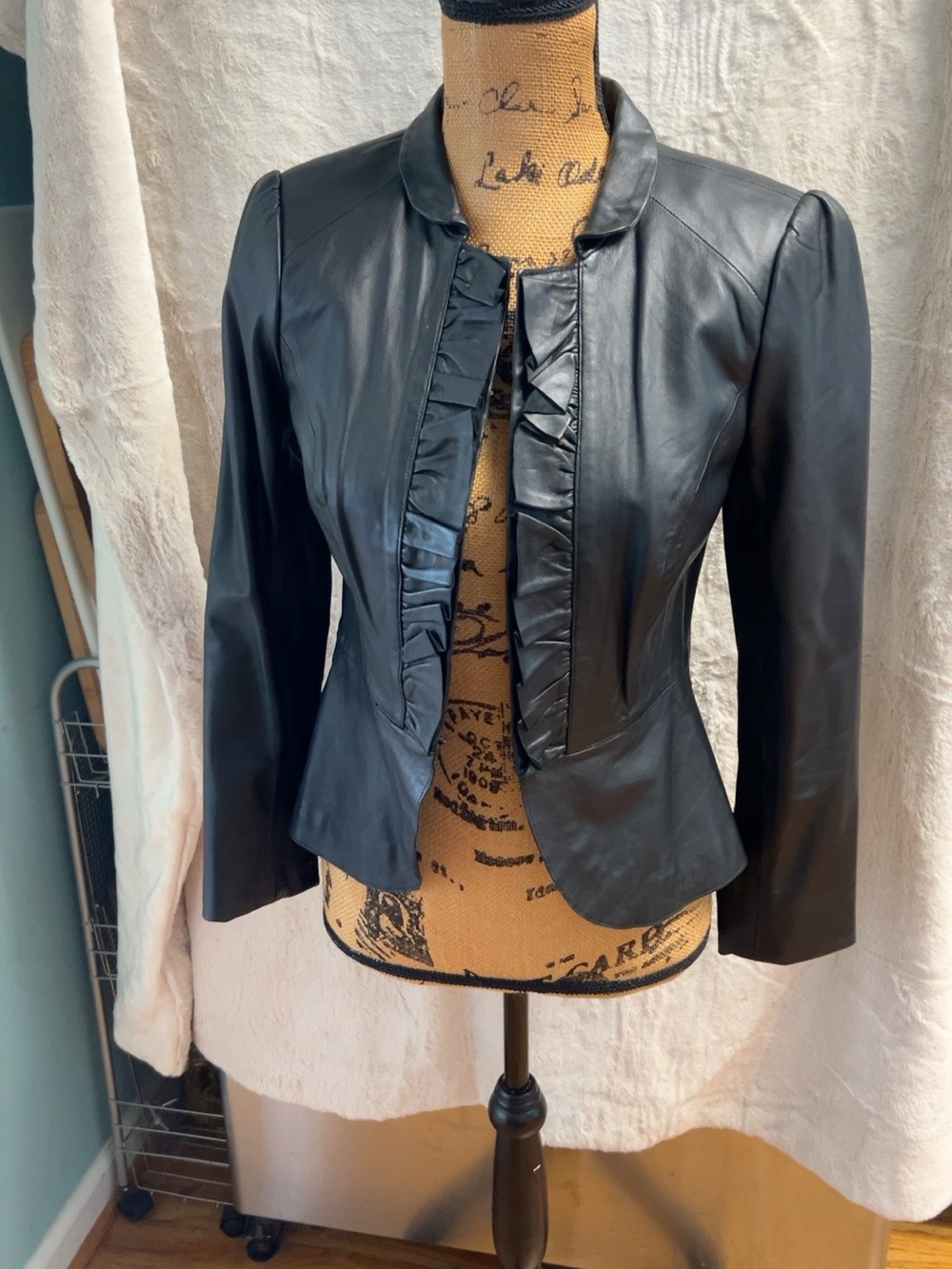 White House Black Market Black Leather Ruffle Jacket XS